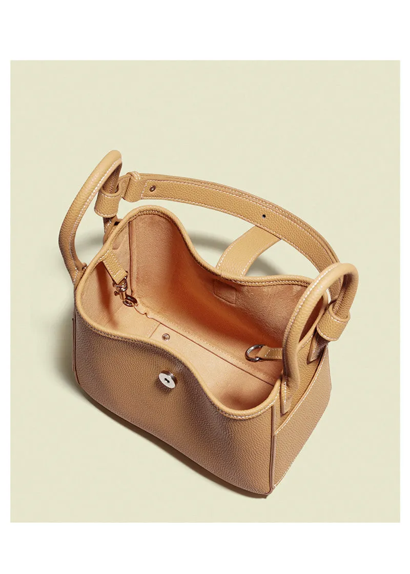 Pebbled Genuine Leather Bucket Tote Bag