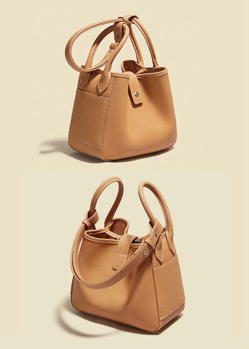 Pebbled Genuine Leather Bucket Tote Bag