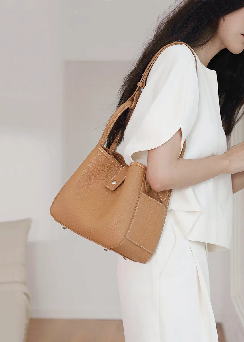 Pebbled Genuine Leather Bucket Tote Bag