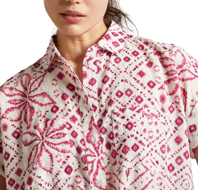 Pepe Jeans camicia manica corta da donna con stampa geometrica Dulce PL304820 808 bianco