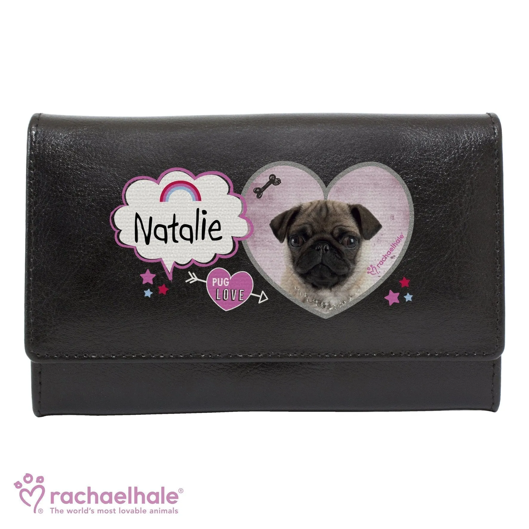 Personalised Rachael Hale Doodle Pug Black Purse
