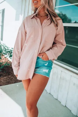 Pink Oversized Bleach Stained Shirt With Chest Pockets