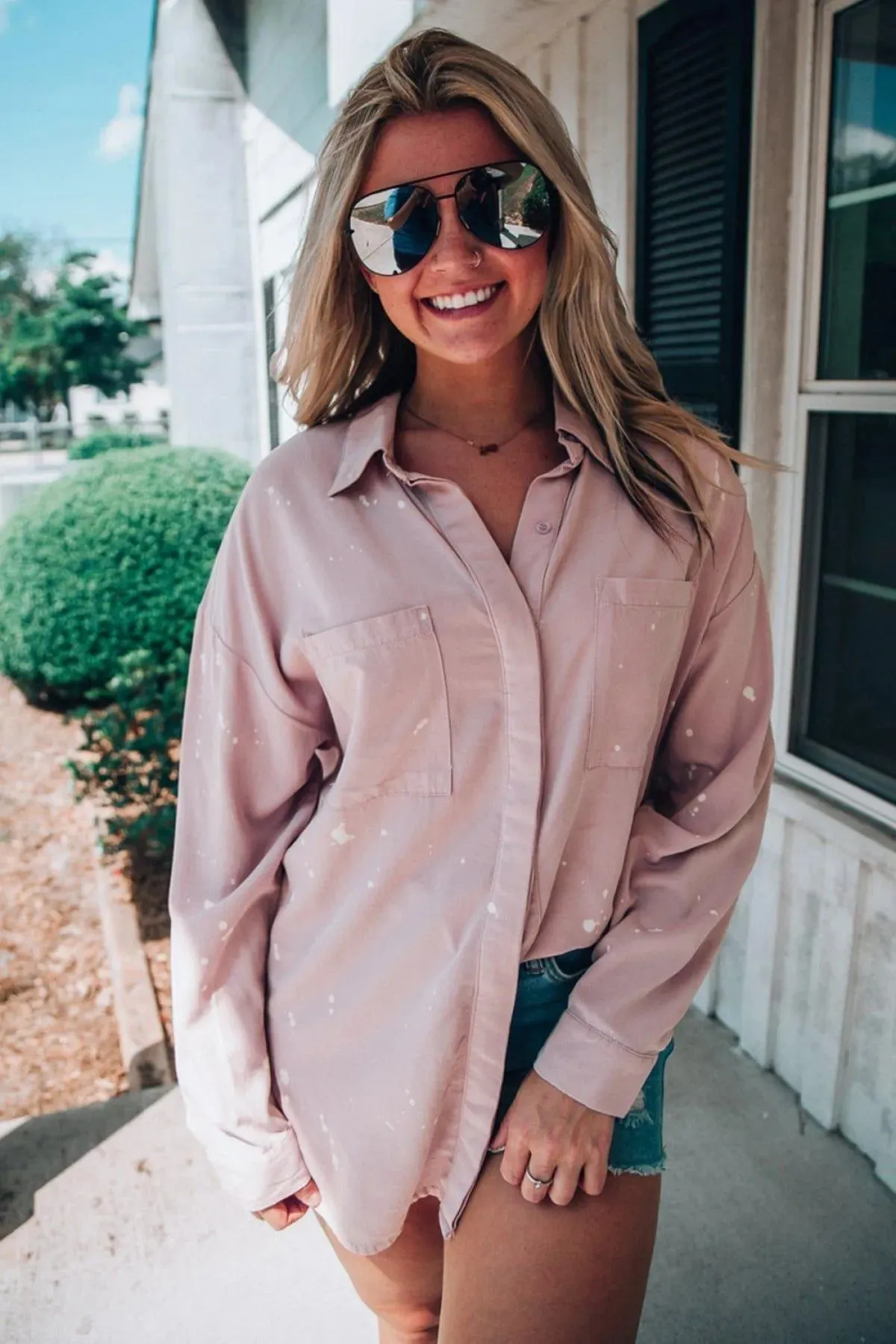Pink Oversized Bleach Stained Shirt With Chest Pockets