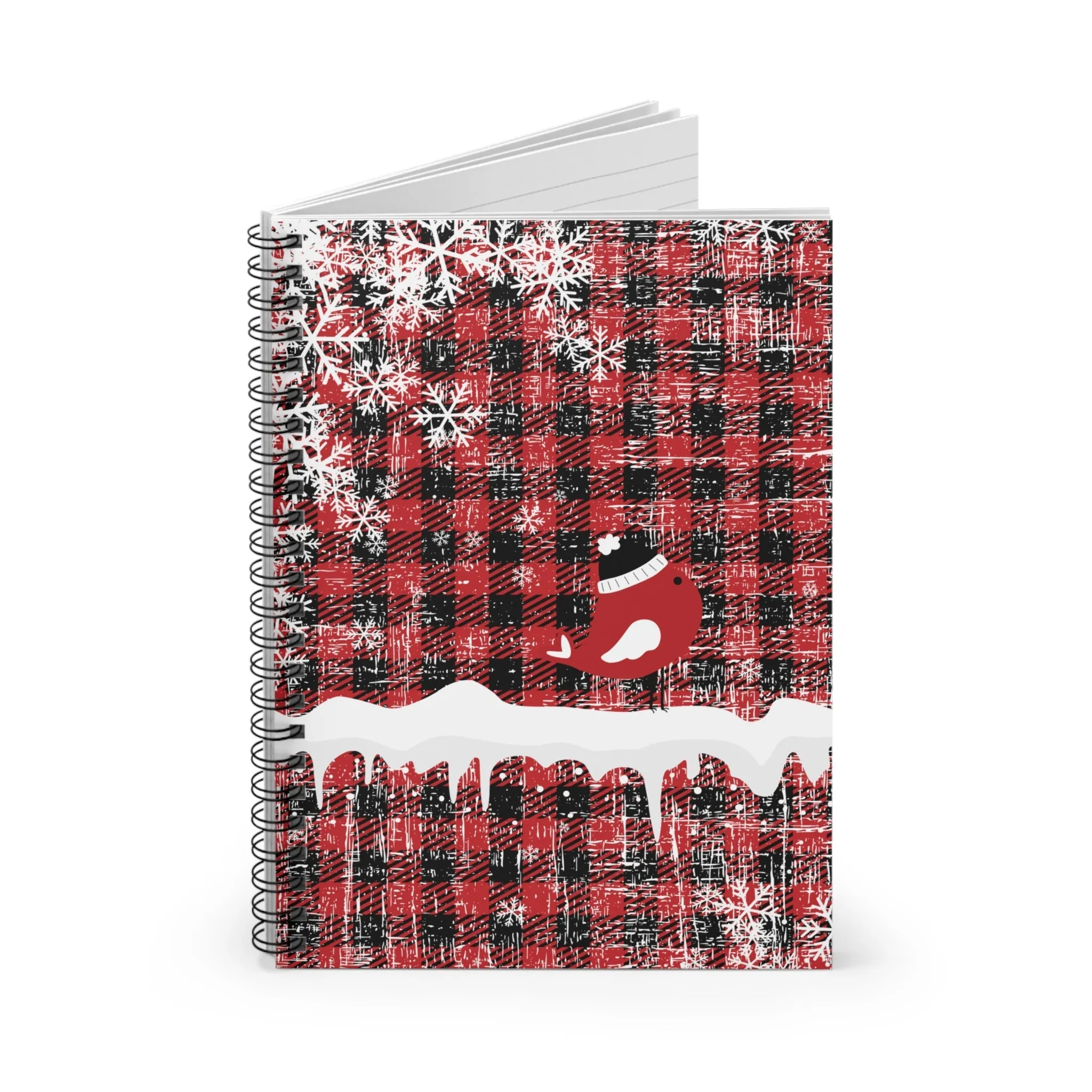 Red Checked Winter Wonderland Spiral Notebook - Ruled Line with Charming Bird and Snowflakes