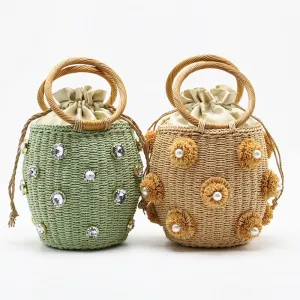 Rhinestone & Pearl Rattan Bucket Bag