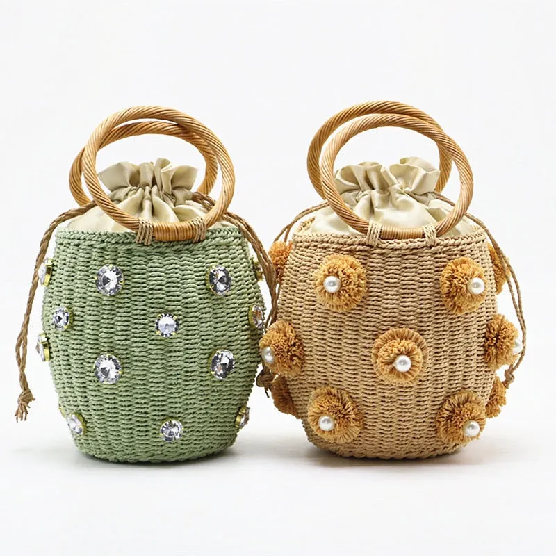 Rhinestone & Pearl Rattan Bucket Bag