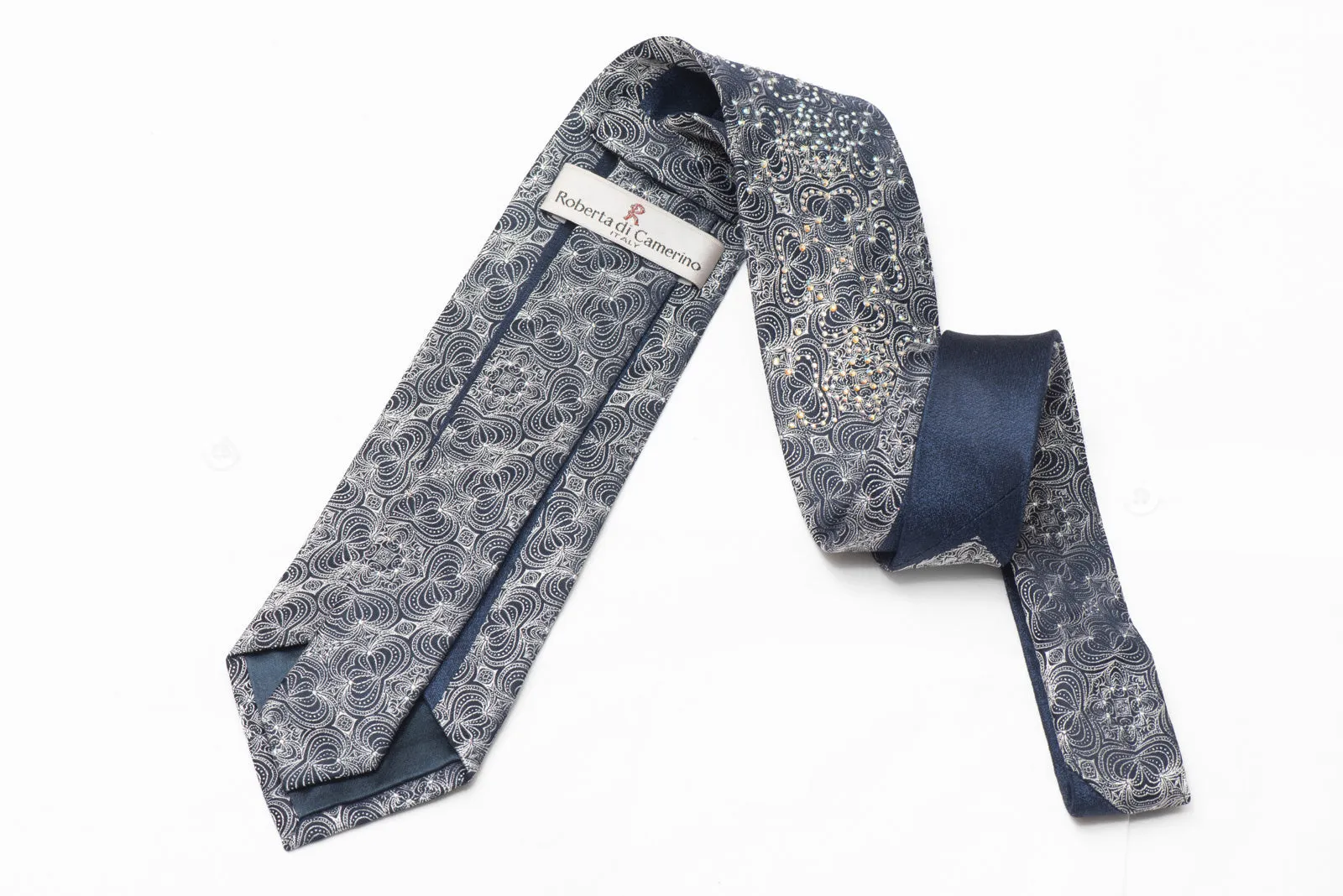 Silver Ornate Design On Navy Rhinestone Silk Necktie