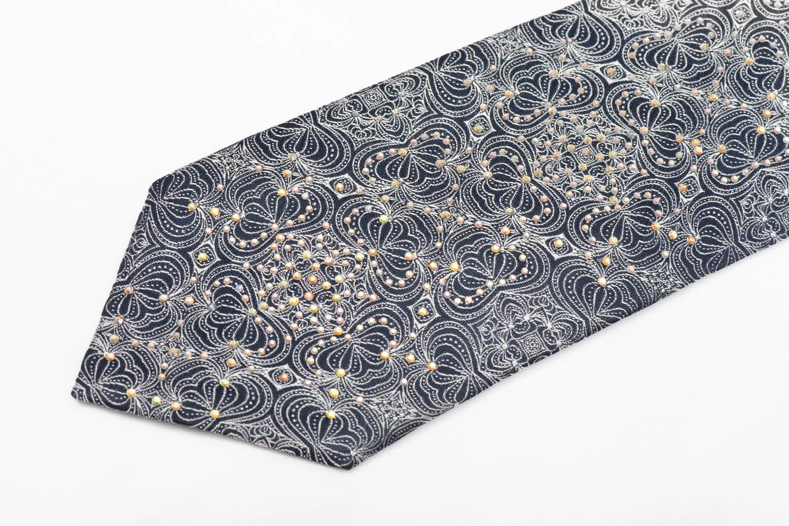 Silver Ornate Design On Navy Rhinestone Silk Necktie