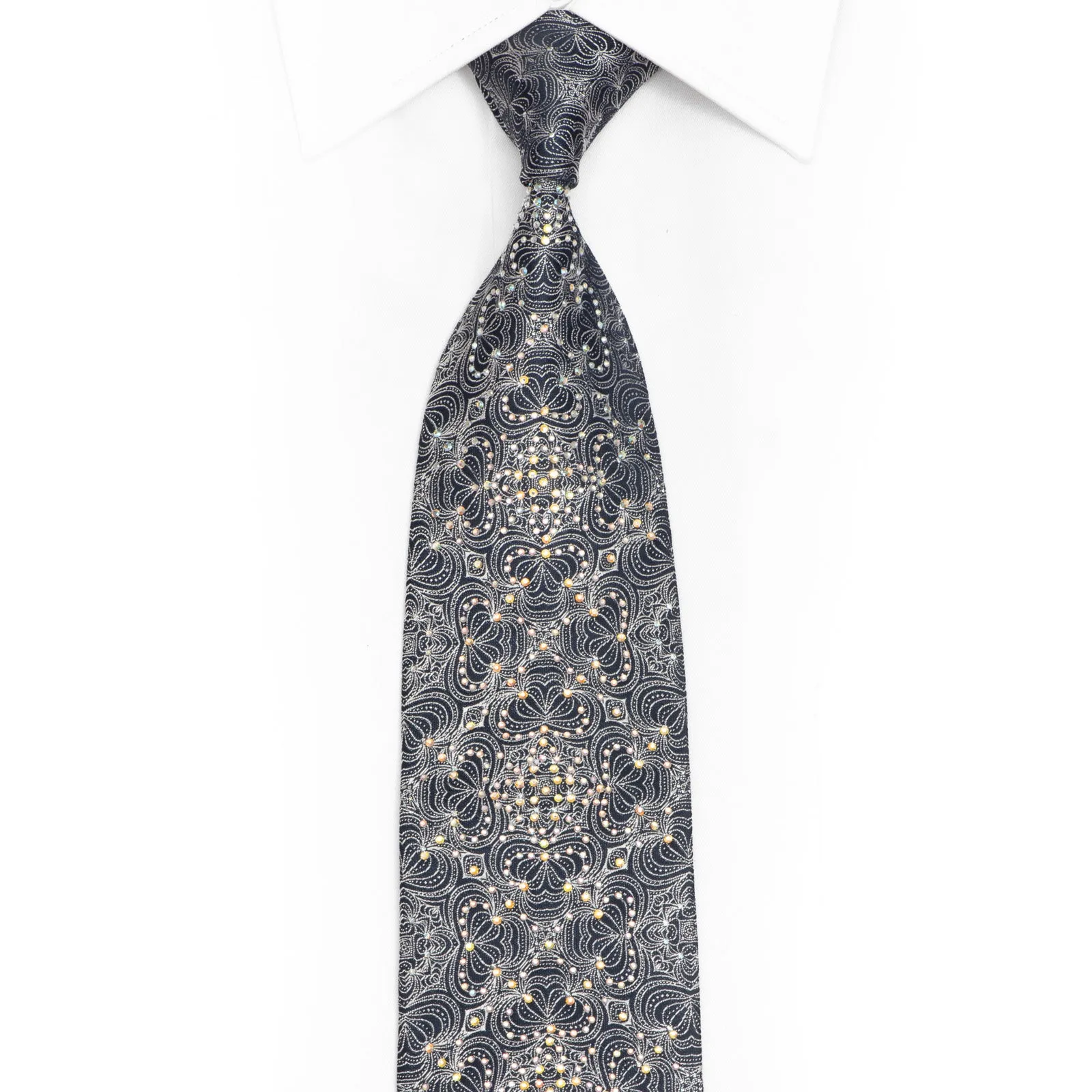 Silver Ornate Design On Navy Rhinestone Silk Necktie