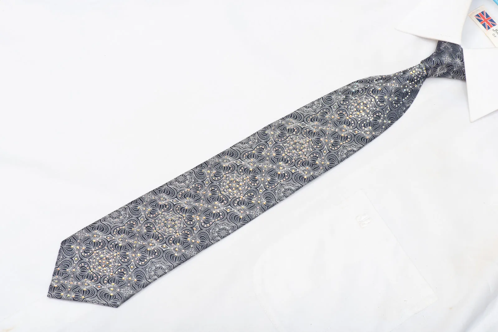 Silver Ornate Design On Navy Rhinestone Silk Necktie
