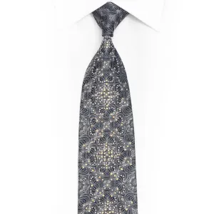 Silver Ornate Design On Navy Rhinestone Silk Necktie
