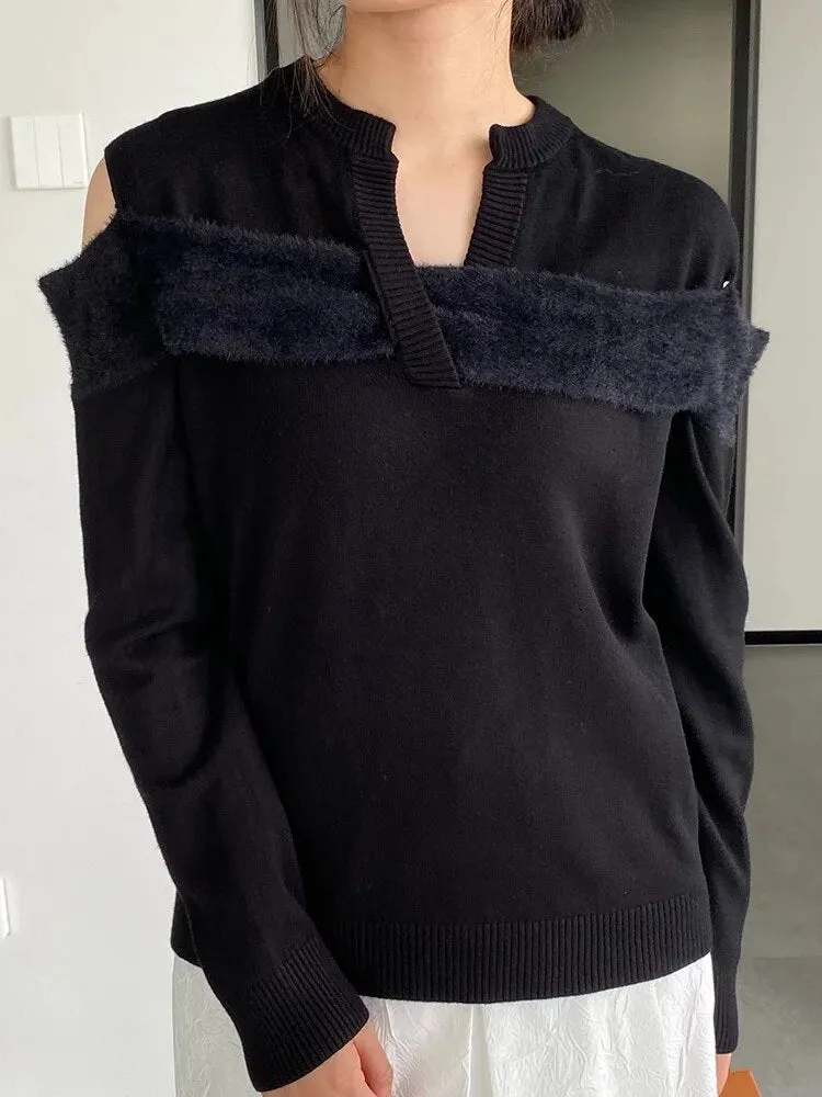 Solid Casual Sweaters For Women V Neck Long Sleeve Off Shoulder Loose Chic Temperament Sweater Female Fashion