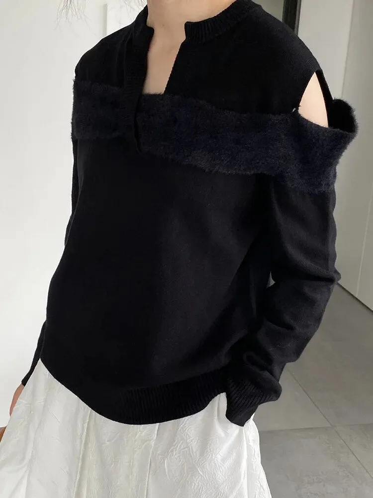 Solid Casual Sweaters For Women V Neck Long Sleeve Off Shoulder Loose Chic Temperament Sweater Female Fashion