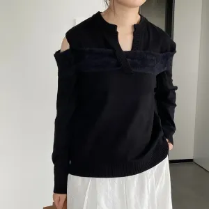 Solid Casual Sweaters For Women V Neck Long Sleeve Off Shoulder Loose Chic Temperament Sweater Female Fashion