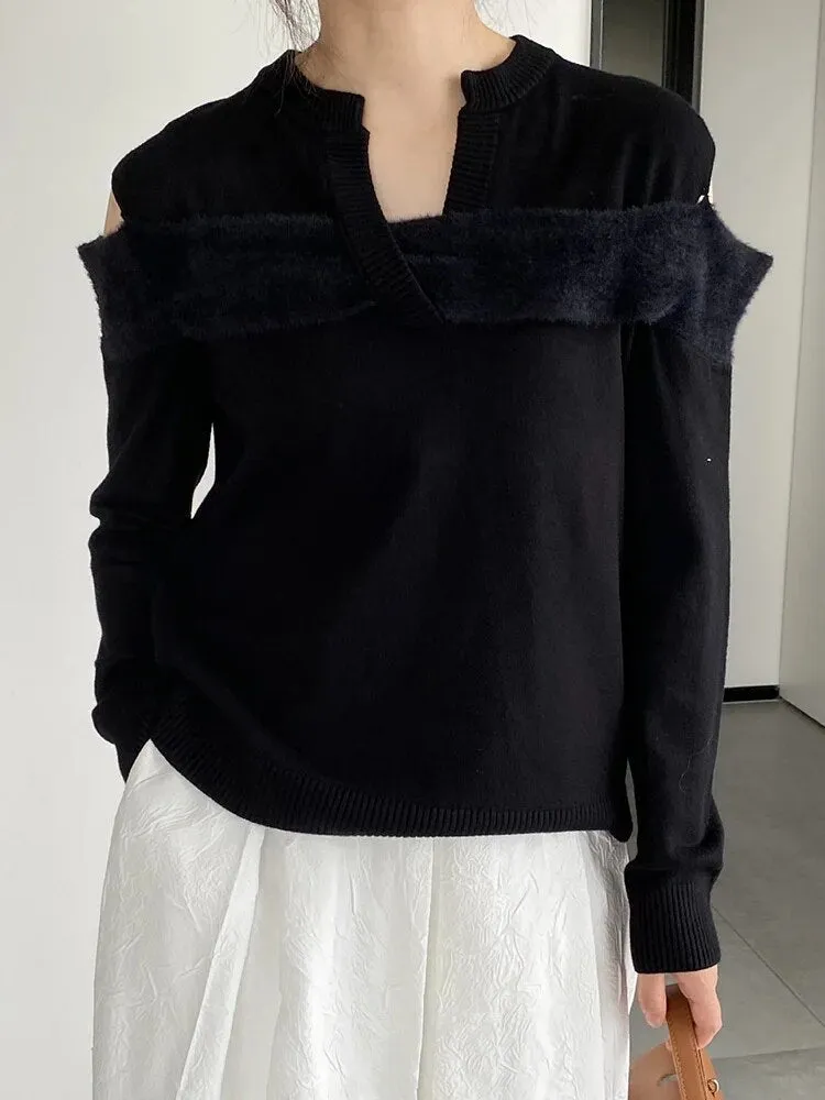 Solid Casual Sweaters For Women V Neck Long Sleeve Off Shoulder Loose Chic Temperament Sweater Female Fashion