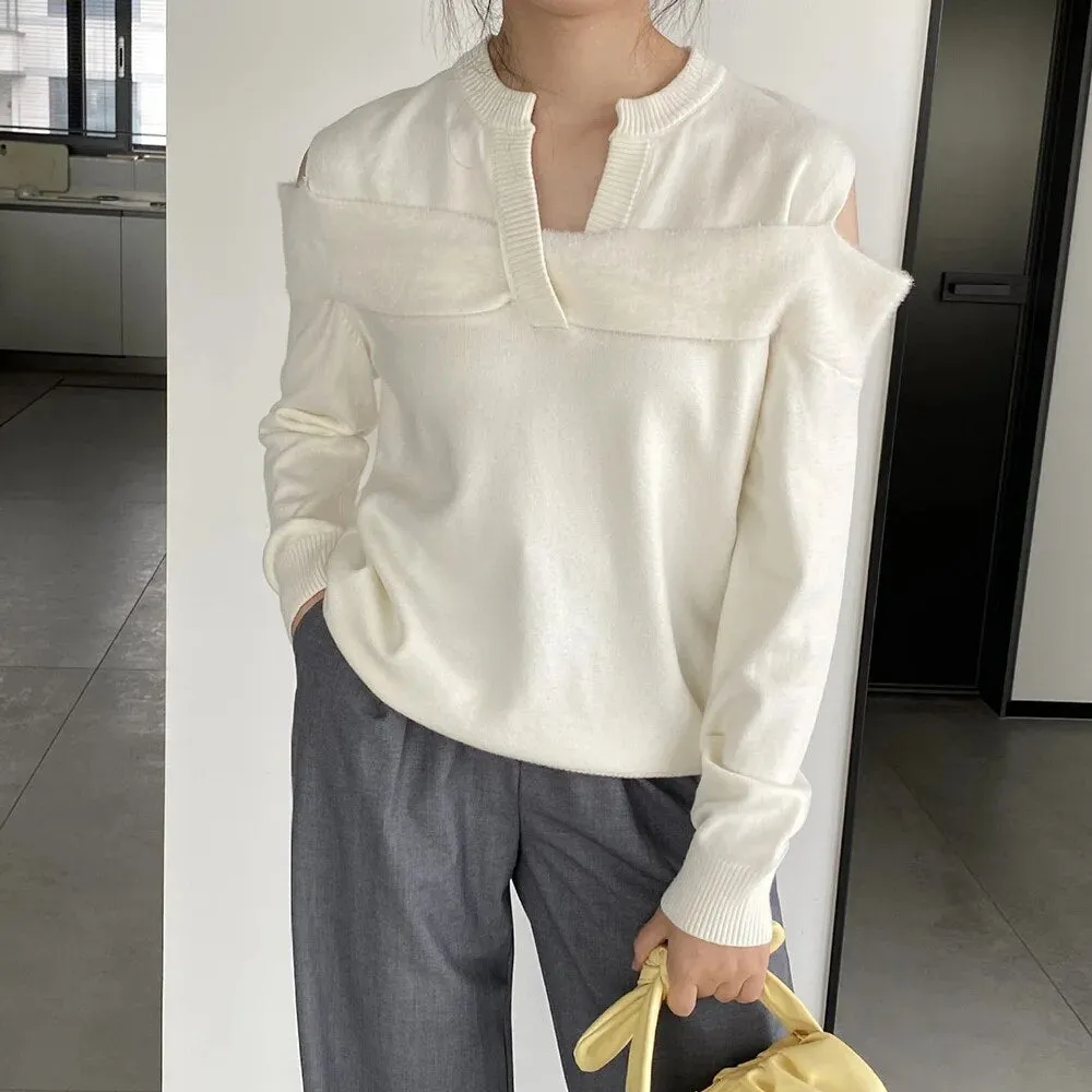 Solid Casual Sweaters For Women V Neck Long Sleeve Off Shoulder Loose Chic Temperament Sweater Female Fashion