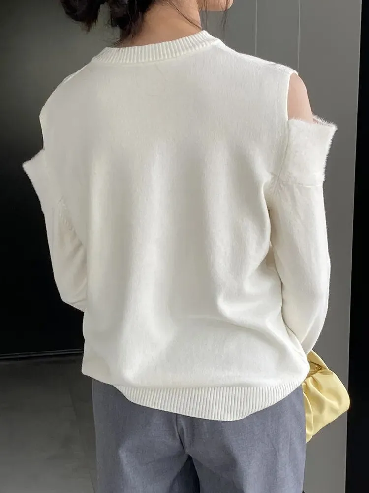 Solid Casual Sweaters For Women V Neck Long Sleeve Off Shoulder Loose Chic Temperament Sweater Female Fashion