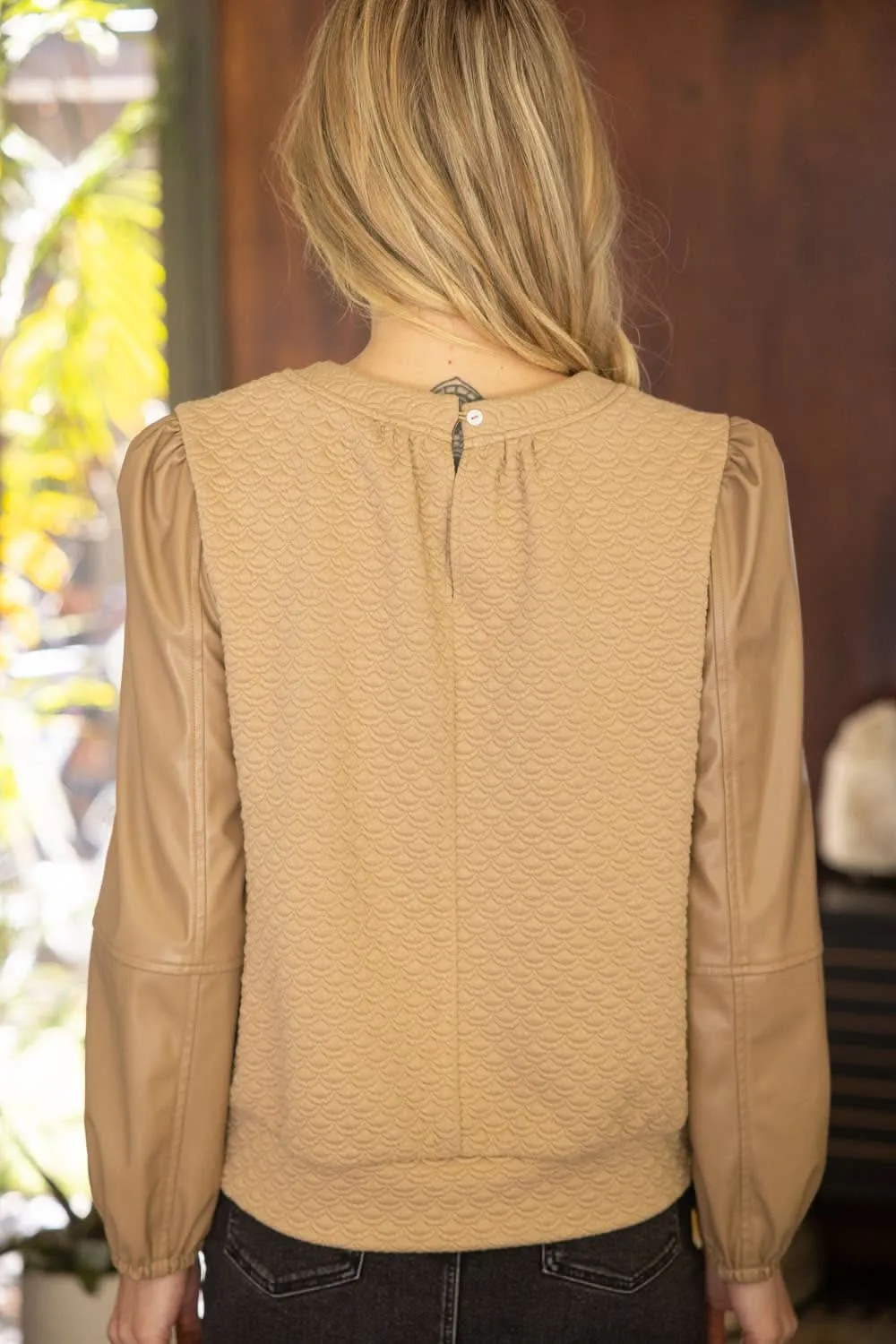 Taupe Faux Leather Long Sleeve Textured Top