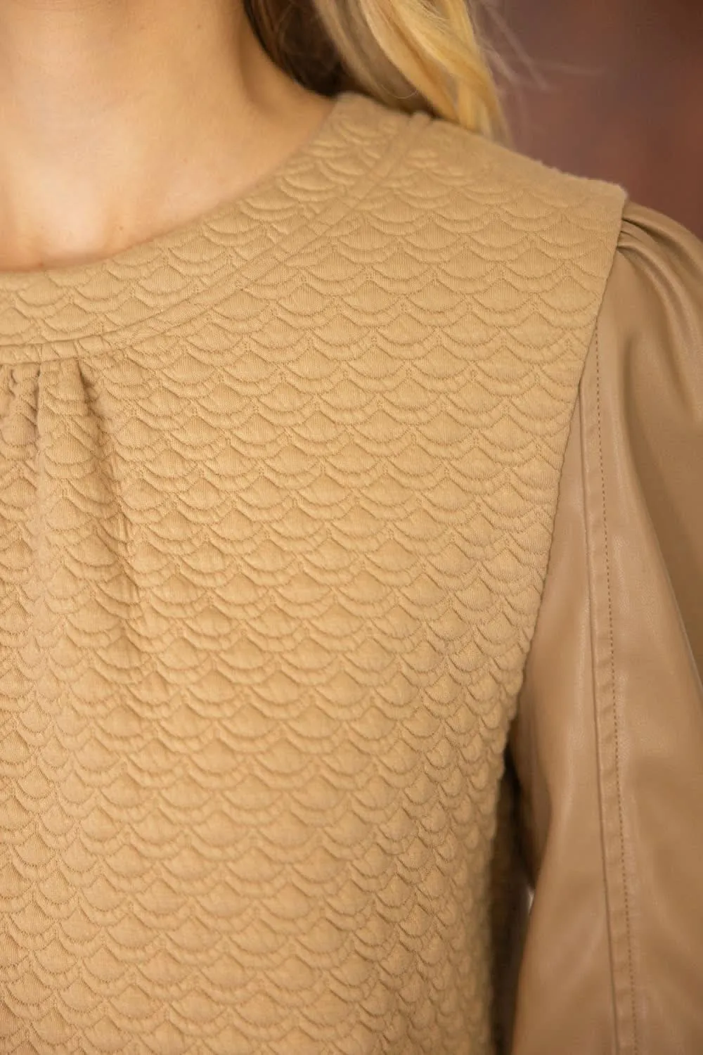 Taupe Faux Leather Long Sleeve Textured Top