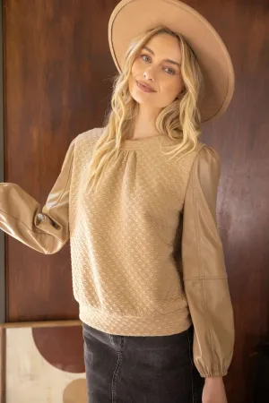 Taupe Faux Leather Long Sleeve Textured Top