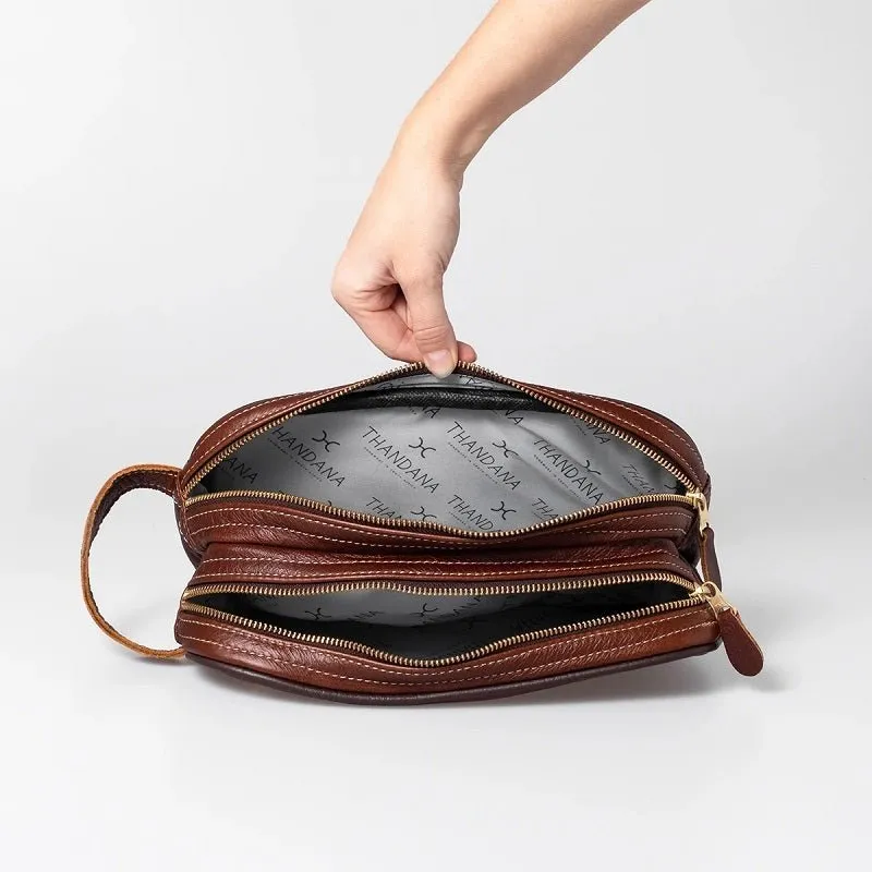 Thandana Mens Double Zip Vanity Leather Case | Hazelnut