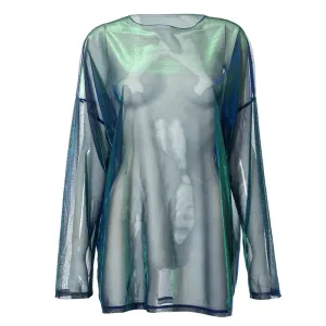 Trendy Mesh See Through Oversized T Shirt Streetwear Women Long Sleeve Top Blouses Y2k Sexy Aesthetic Clothes P85-AF10
