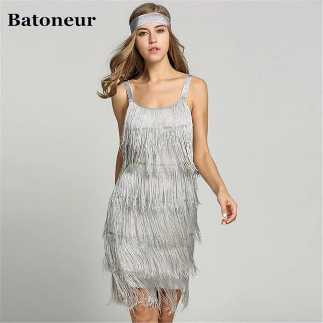 VenusFox Straps Gatsby Costume Long Tassels Flapper Beach Dresses