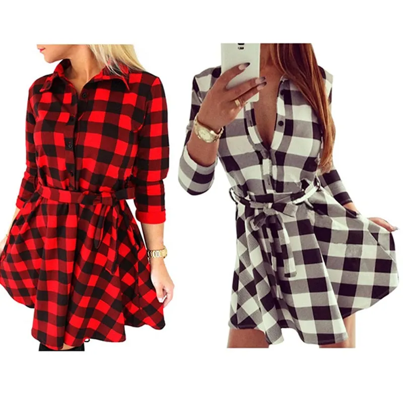 VenusFox Vintage Plaid Print Bodycon Shirt Dresses With Belt