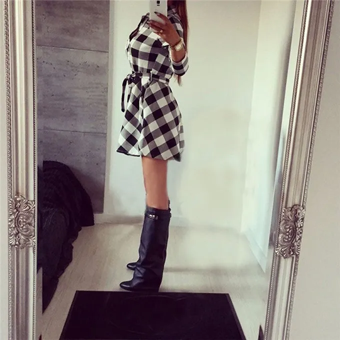 VenusFox Vintage Plaid Print Bodycon Shirt Dresses With Belt