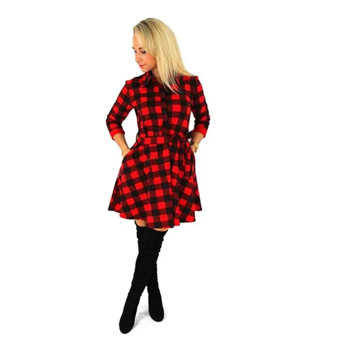 VenusFox Vintage Plaid Print Bodycon Shirt Dresses With Belt