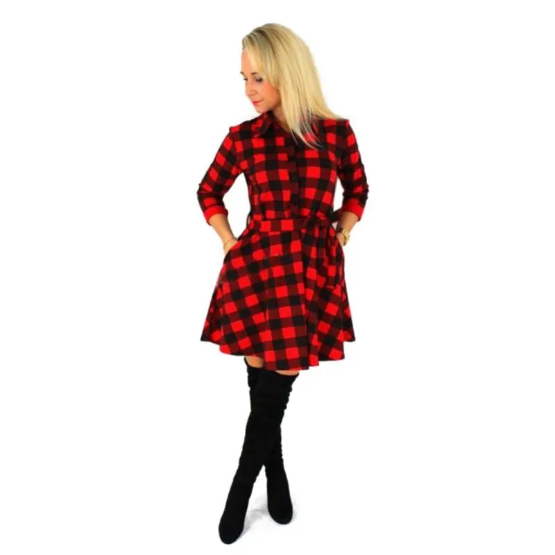 VenusFox Vintage Plaid Print Bodycon Shirt Dresses With Belt