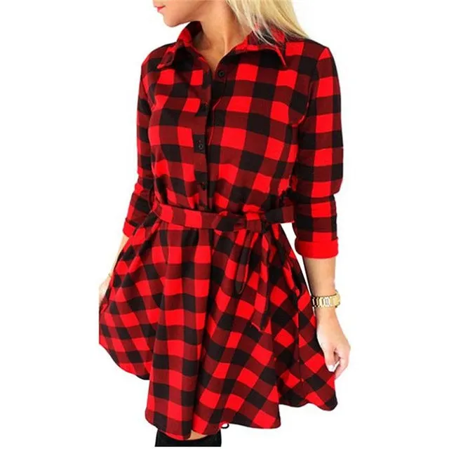 VenusFox Vintage Plaid Print Bodycon Shirt Dresses With Belt