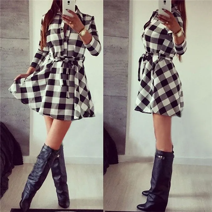 VenusFox Vintage Plaid Print Bodycon Shirt Dresses With Belt