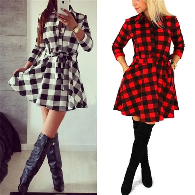 VenusFox Vintage Plaid Print Bodycon Shirt Dresses With Belt
