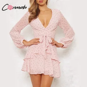VenusFox Vintage Polka Dot Pink Ruffle Dress