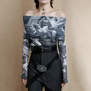 Vintage Printing T Shirts For Women Slash Neck Long Sleeve Slimming Temperament T Shirt Female Fashion Clothing