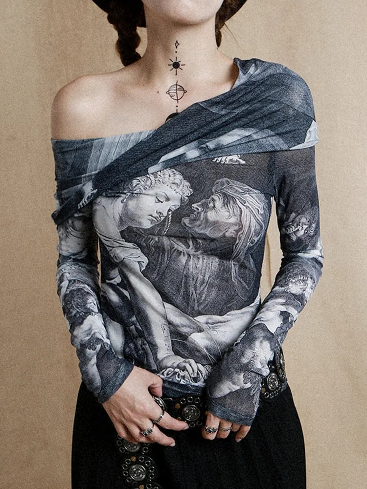 Vintage Printing T Shirts For Women Slash Neck Long Sleeve Slimming Temperament T Shirt Female Fashion Clothing