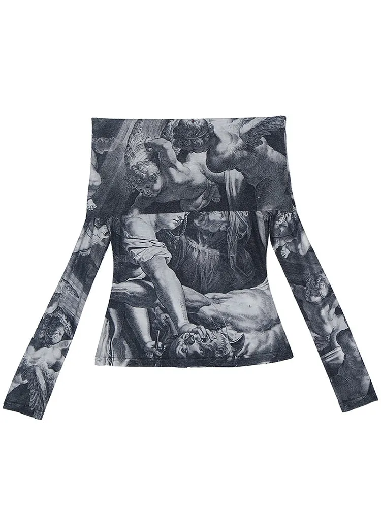 Vintage Printing T Shirts For Women Slash Neck Long Sleeve Slimming Temperament T Shirt Female Fashion Clothing