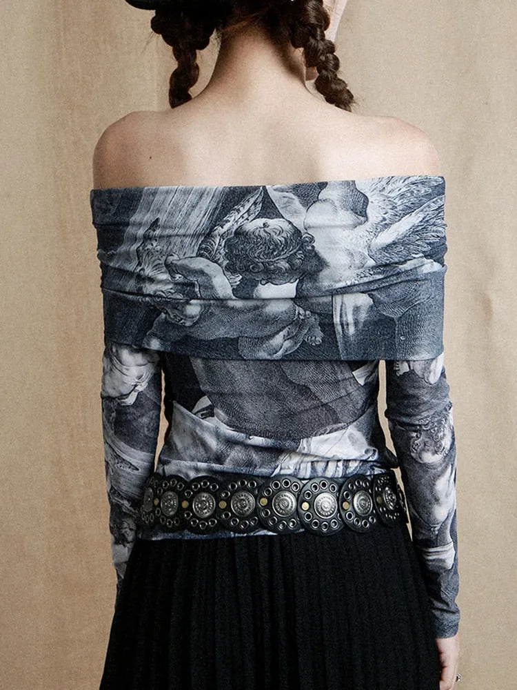 Vintage Printing T Shirts For Women Slash Neck Long Sleeve Slimming Temperament T Shirt Female Fashion Clothing