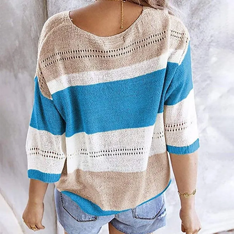 Women Casual Patchwork Striped Knitted Sweater