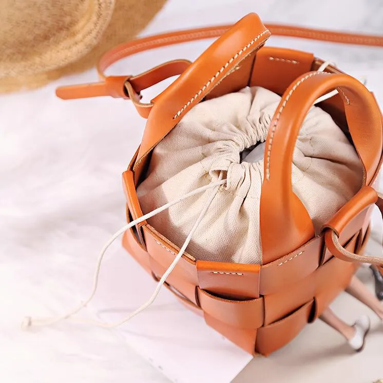 Womens Beige Shoulder Bag Leather Bucket Bag For Women