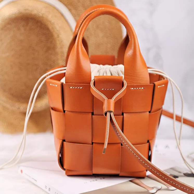 Womens Beige Shoulder Bag Leather Bucket Bag For Women