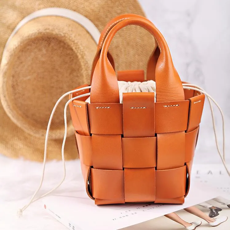 Womens Beige Shoulder Bag Leather Bucket Bag For Women