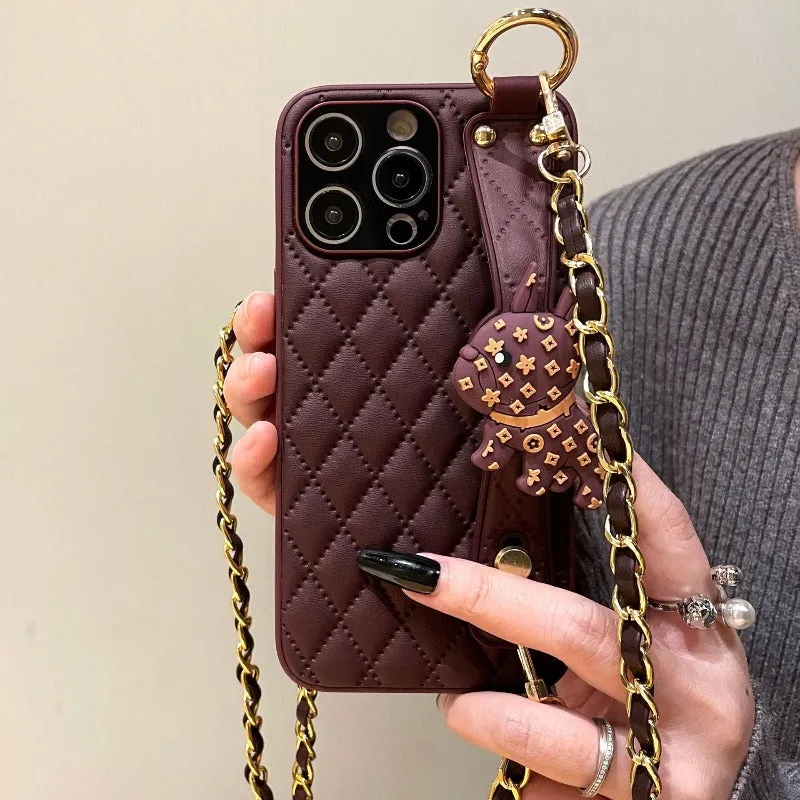 Wristband Leather Phone Case With Crossbody Lanyard Wrist Strap For iPhone