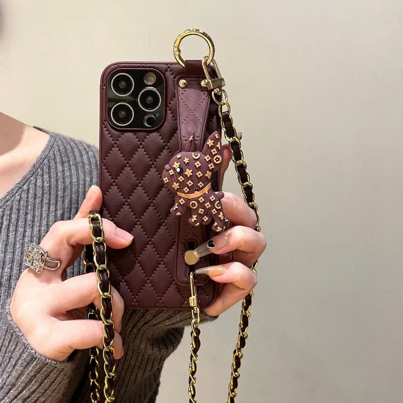 Wristband Leather Phone Case With Crossbody Lanyard Wrist Strap For iPhone