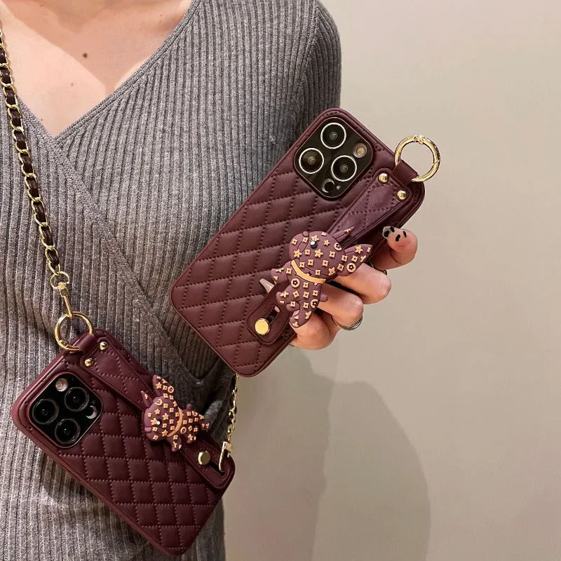 Wristband Leather Phone Case With Crossbody Lanyard Wrist Strap For iPhone