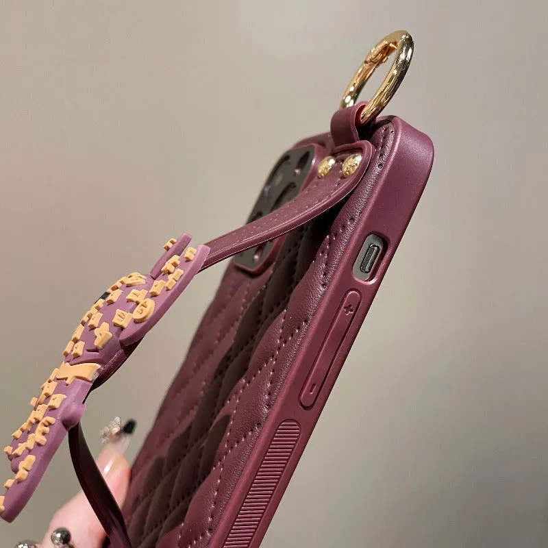 Wristband Leather Phone Case With Crossbody Lanyard Wrist Strap For iPhone