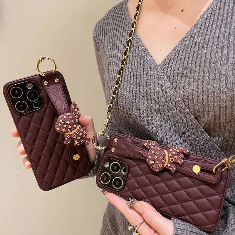 Wristband Leather Phone Case With Crossbody Lanyard Wrist Strap For iPhone